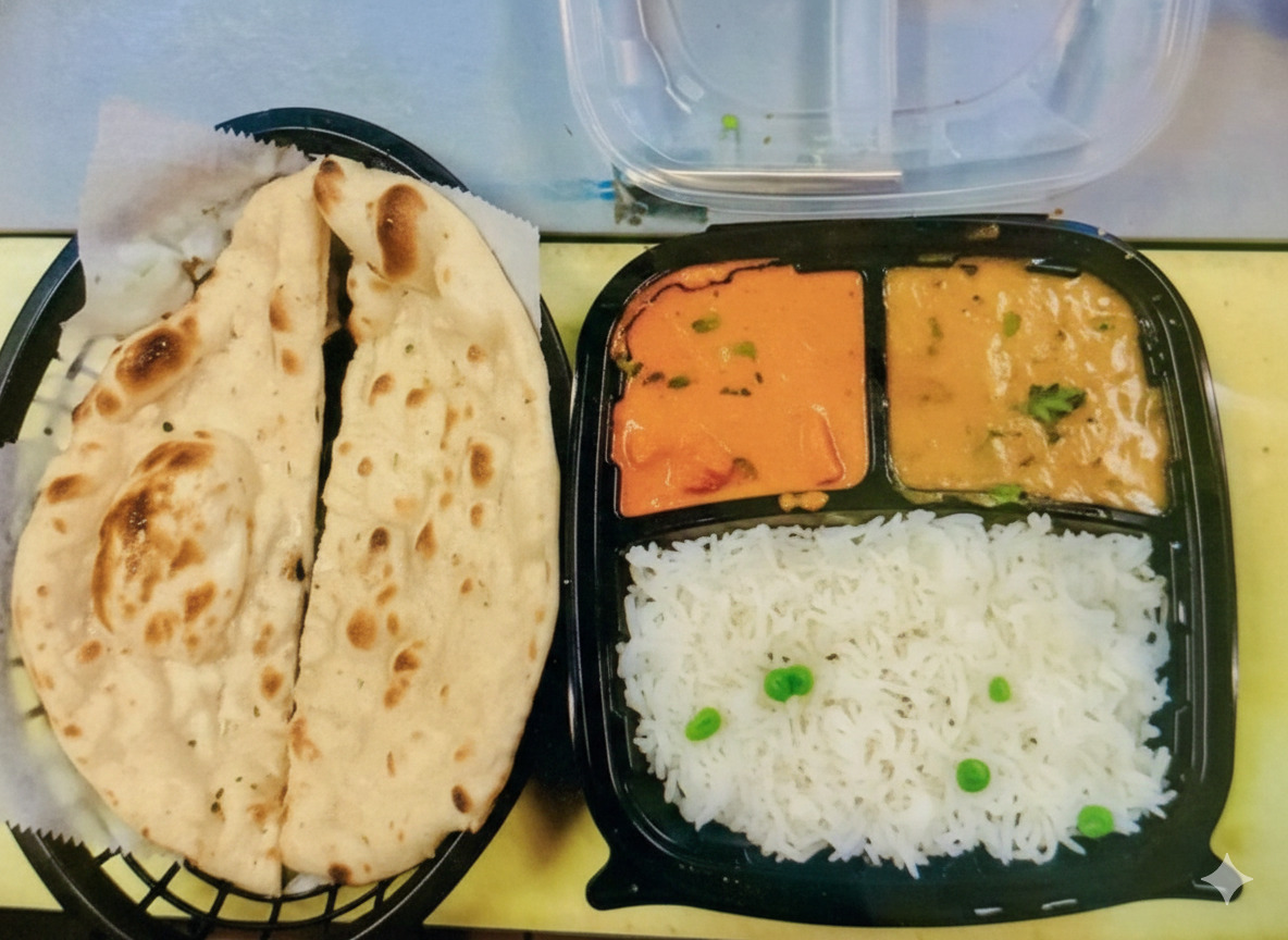 Lunch box with two curries, rice, and naan